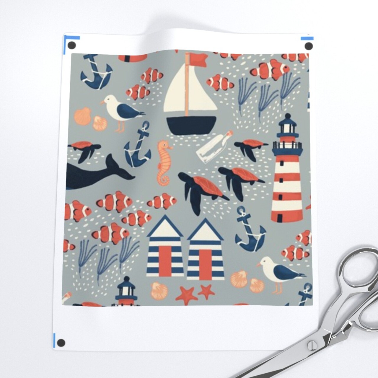 Ocean Marine Life Nautical Lighthouse Whales Coastal Beach Boats Anchor Custom Printed Fabric by Spoonflower Various Fabrics by the Yard or Fat Quarter